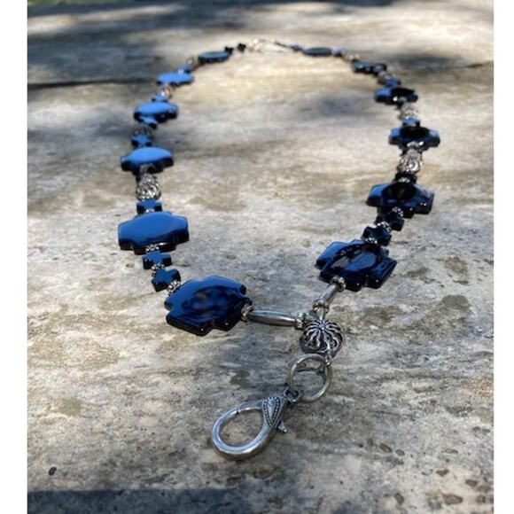 SALE!! Black Onyx Cross Lanyard - Black & Silver Double Strand Chunky Necklace - Picture 6 of 9